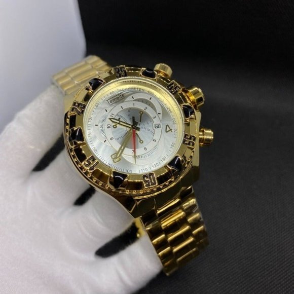 Men's Gold Color Military Watch Large Dial All Stainless Steel Night Light - Picture 3 of 7